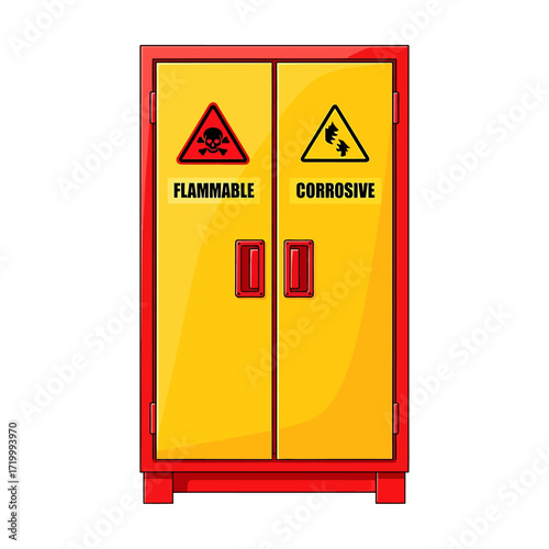 Yellow safety cabinet with red trim and handles, featuring 'FLAMMABLE' and 'CORROSIVE' warning signs for hazardous materials storage.