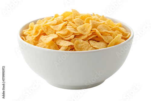 Crispy golden corn flakes in white bowl perfect for breakfast, a healthy and delicious start to the day