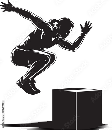 Athletic silhouette woman jumping box exercise workout fitness training concept dynamic action shot
