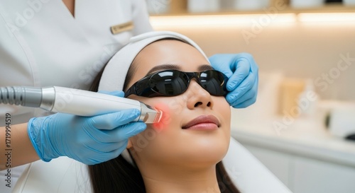 Advanced Laser Facial Rejuvenation: A Woman Receives Red Light Therapy in a Beauty Clinic.