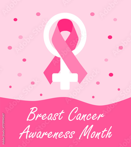 Breast Cancer Awareness Month poster with pink ribbon and female symbol