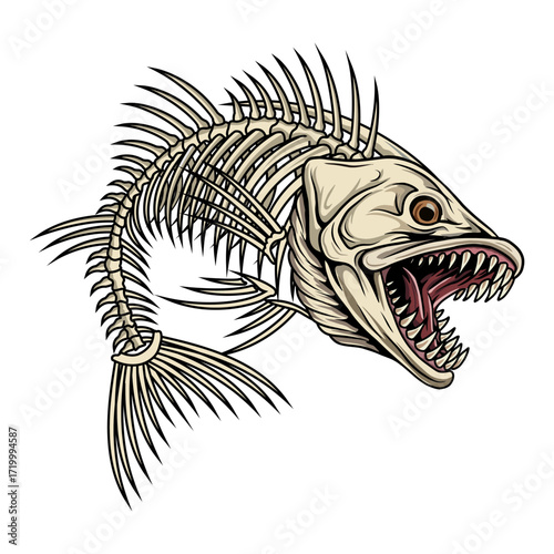 bass fish skeleton with sharp teeth illustration