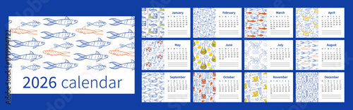 Calendar cover 2026 with hand drawn nautical pattern for 12 months. Perfect for stationery, wall and print products. Trendy fish background for commercial and personal use. Vector doodle illustration.