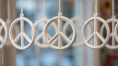 Mental Health Mindfullness Concept, Peace sign crystal ornament display mental health mindfulness symbol hanging with silver string decoration