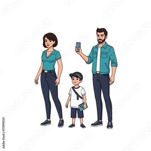 A cartoon illustration of a modern family, including a mother, father holding a phone, and their son with a satchel and book, all dressed in casual teal and blue outfits.