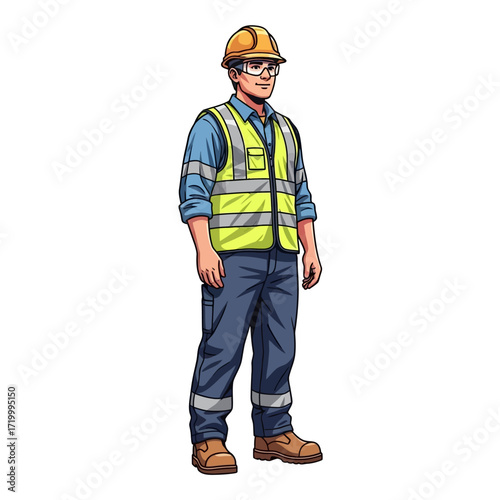 A full-body illustration of a construction worker wearing safety gear, standing upright.