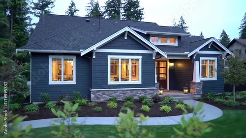 A modern home with dark blue siding and landscaping at dusk
