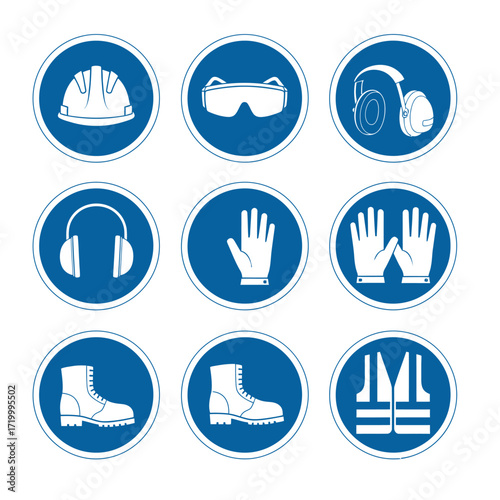 Collection of mandatory safety signs, including hard hats, goggles, ear protection, gloves, and high-visibility vests.