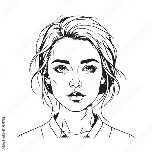 
Black and white line art of a cool woman playing guitar in casual outfit minimalist stylish illustration