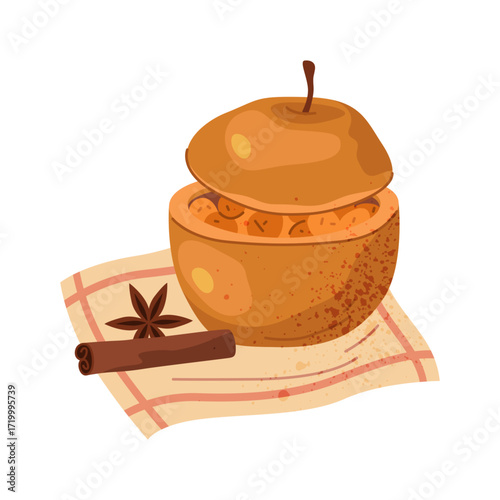 Baked apple or autumn dessert. Vector sweet fruit with cinnamon spice and nuts, sugar and butter. Roasted food or homemade treat. Delicious culinary for fall holiday or celebration. Natural nutrition.