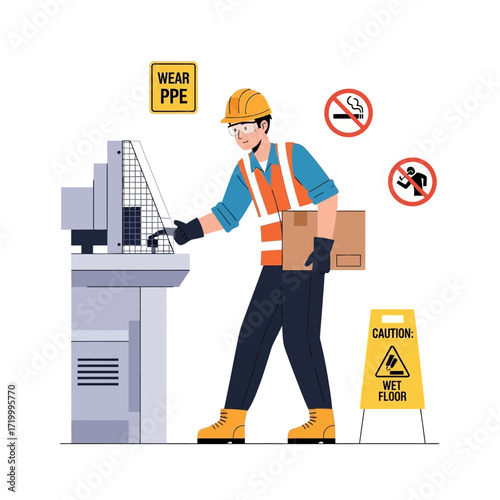 A worker in a hard hat and safety vest operates machinery while holding a box, with safety signs visible.