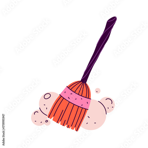Cleaning domestic brush or witch broom. Vector household magical and clean tool. Fantasy and magic , flying broomstick for Halloween. Sweeping and dusting, sanitation sign. Sorcery or folklore icon.