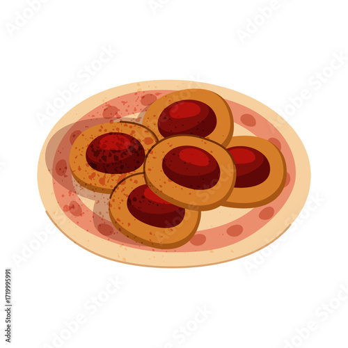 Homemade cookies with jam. Vector sweet bakery on plate or home dessert for holiday, confectionery with fruit icing for festive party or gathering. House serving dish. Kitchen and culinary, confection