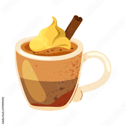 Coffee cup with cream and cinnamon spice. Vector hot drink or warm beverage for winter or autumn. Espresso or latte, cappuccino mug. Home morning liquid with steam. Cafe or bistro menu element.