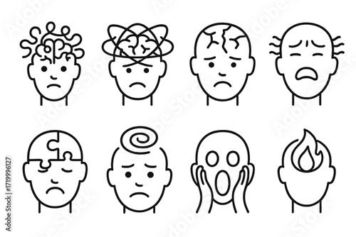 Abstract linear icons depicting varied emotional states and mental concepts