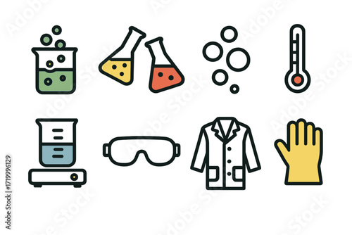 Scientific equipment icons featuring beakers, goggles, and safety gloves in a gradient background