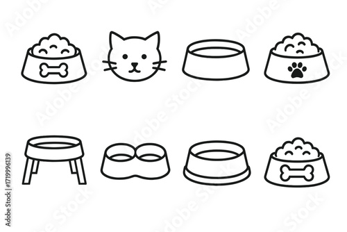 Set of pet bowl icons: simple line art for cats and dogs in a minimalist design