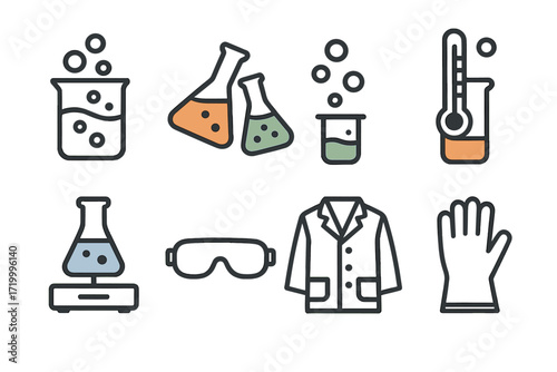Laboratory tools and safety gear in a linear style on dark background