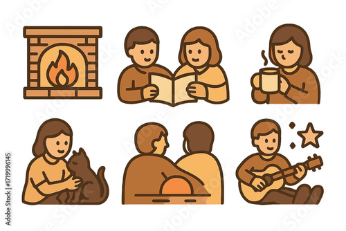 Cozy autumn family moments with warm brown tones in a soft, minimal line art style