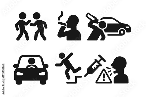 Dark silhouette icons of unsafe behaviors and risky activities