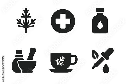 Dark herbal icons on textured background for natural remedies and healing concepts