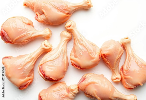 Raw chicken drumsticks, skin-on, arranged on white background,  close-up,   poultry meat