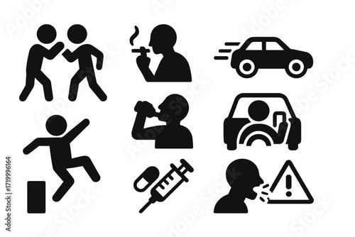 Silhouette icons highlighting risky behaviors and road safety concerns