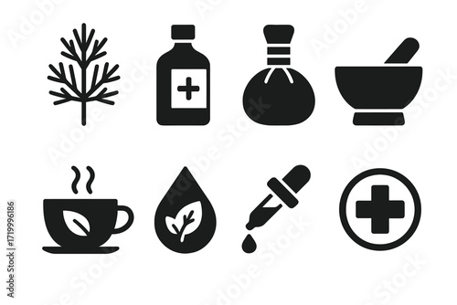 Silhouette icons of herbal medicine and wellness elements