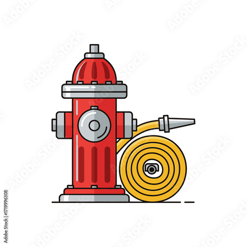 Red fire hydrant with a coiled yellow hose and nozzle on a white background, in a flat line art style.