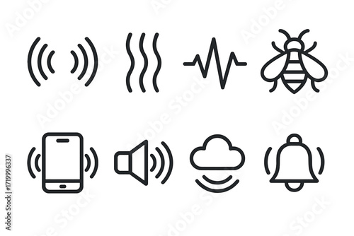 Set of icons featuring vibrations, sound waves, and alerts in dark linear style