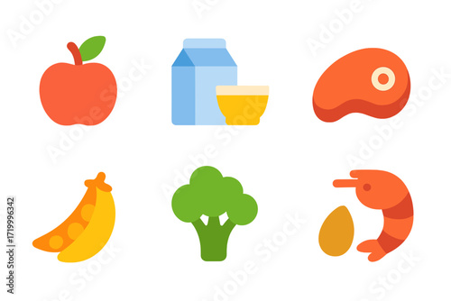 Glowing food icons set featuring milk, meat, fruits, vegetables, shrimp, and peas in neon style