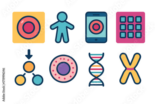 Neon glow technology icons featuring dna, mobile device, and human figures