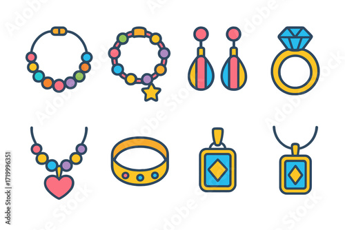 Colorful linear jewelry icons set with rings, necklaces, and bracelets on gradient background