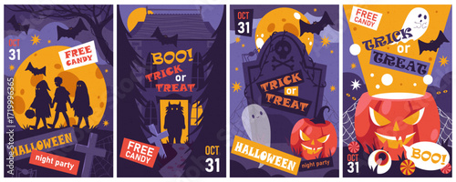Set of Halloween night party banner. Vector invitation flyer for autumn horror event celebration. Announcement poster for seasonal horror and scary holiday with pumpkin or jack o lantern element.