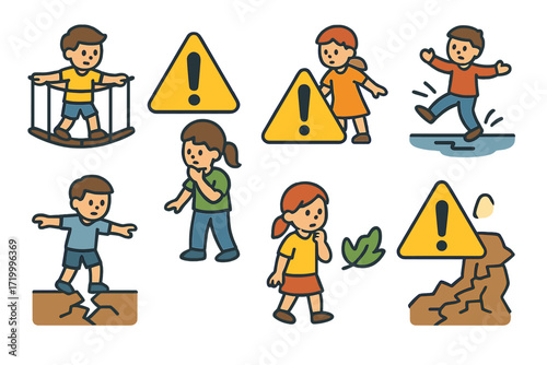 Cartoon kids and safety hazards with yellow warning signs