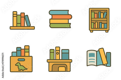 Colorful book icons set in simple flat design on gradient background