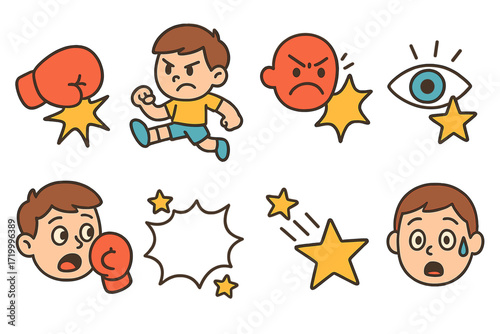 Cartoon fight expressions with boxing glove, stars, and anger symbols