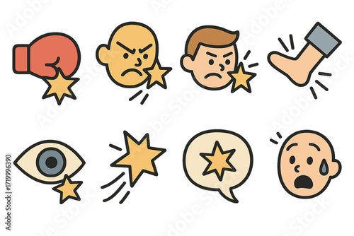 Expressive comic style symbols illustrating physical impact and emotional reactions