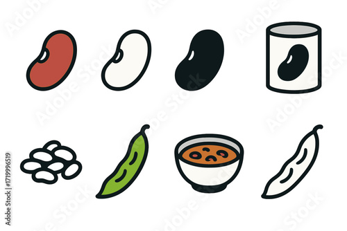 Minimalist beans icons set featuring various types and cooking styles