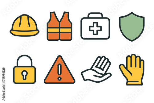Safety equipment icons set with helmet, vest, first aid kit, and more