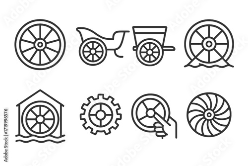 Dark monochrome linear icons of wheels and watermills on gradient background