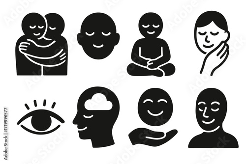 Mindfulness symbols: calmness, meditation, and self-care icons in silhouette design