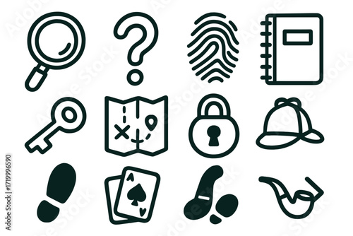 Mystery and detective icon set featuring magnifying glass, fingerprint, and map symbols