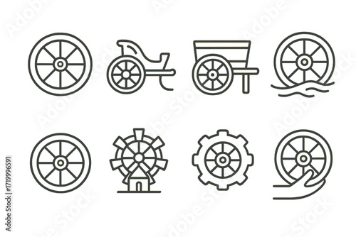 Line art icons of wheels and gears on metallic background