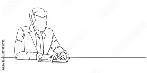 Continuous Line Drawing illustrationof  a businessman sitting at a desk, engaged in writing on pape