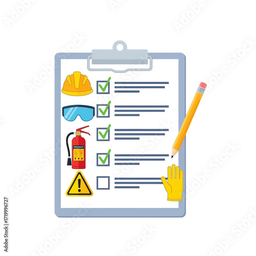 Safety checklist on a clipboard with a pencil, including protective gear and hazard symbols.
