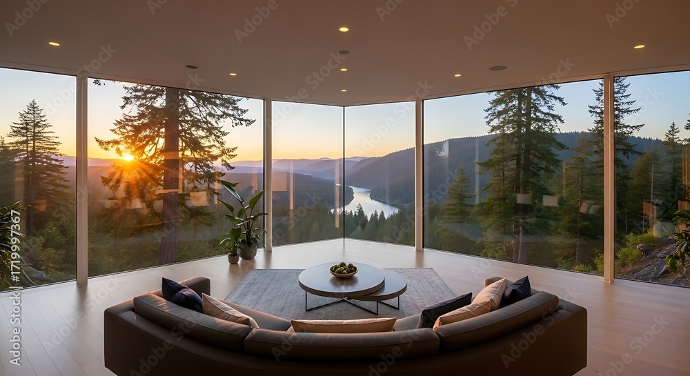 Fototapeta premium Panoramic sunset views from a luxurious living space with floor-to-ceiling windows overlooking a tranquil forest and
