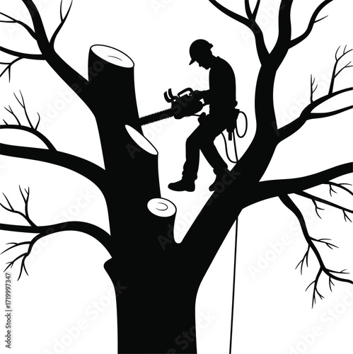 Arborist cutting tree with chainsaw, tree removal silhouette, professional tree service, forestry worker, safety gear, climbing rope, outdoor job, vector illustration, isolated on white background