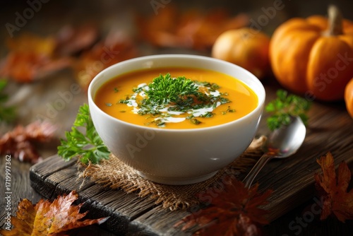 Butternut squash and carrot soup in a white soup bowl with parsley garnish on rustic wood, autumn comfort food