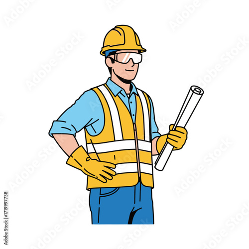 Construction worker with blueprints and safety gear.